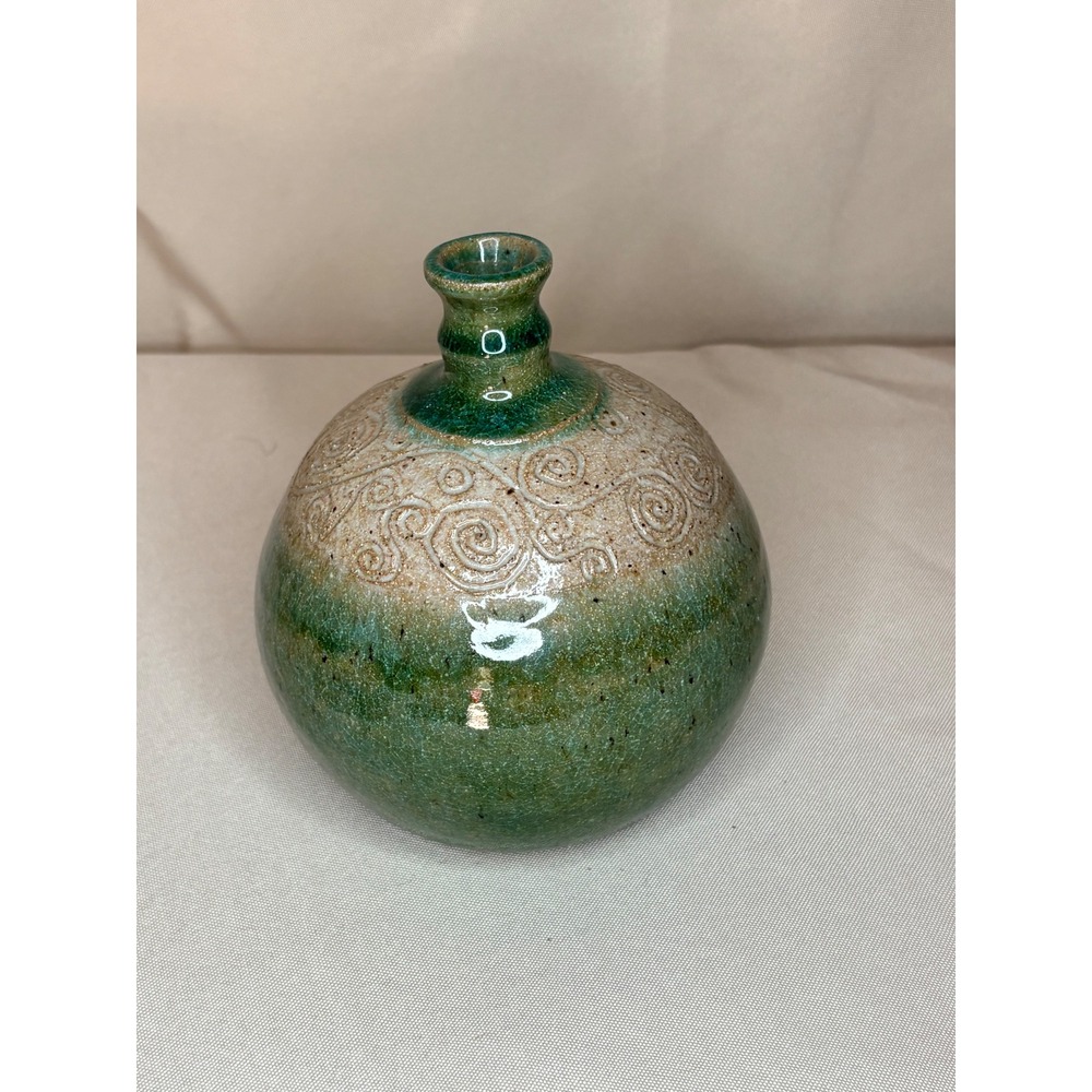Vintage 1976 Chris Gladman Studio Pottery Bud Vase Green Salt Glaze Signed 5.25"